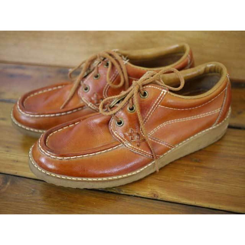 Vtg 70s Mens SEARS LEATHER Moccasin Crepe Sole Oxford Work SHOES 7.5 D 38